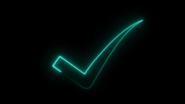 Glowing neon check mark icon animation on black background.Motion Graphic 4k Video.