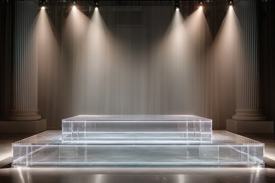 Luxury and High-End Podium Crystal-clear empty podium with hidden LED lights high-fashion runway backdrop chic and glamorous