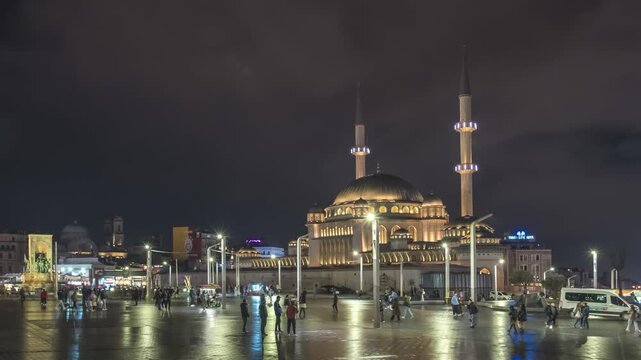 Istanbul Turkiye (Turkey) time lapse night city skyline at Taksim Mosque Camii