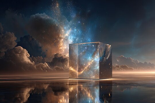 Large Product Ad Podium Colossal crystal empty podium floating in space stars and galaxies behind cosmic and surreal atmosphere