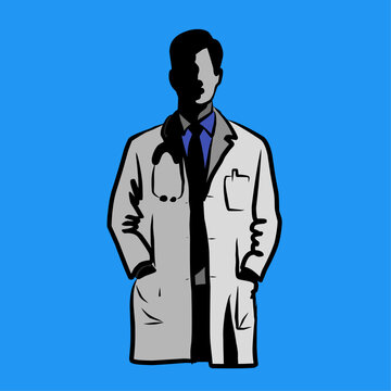 vector or illustration of a male doctor silhouette, isolated on a blue background