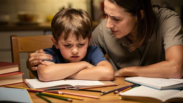 Stressed mother comforting her young son during a difficult homework study session