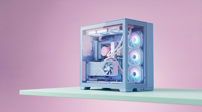 Aesthetic mid tower computer case with glowing cyan RGB case fans, custom water cooling system, graphic card visible through glass side panel, pastel color theme, 3D render.