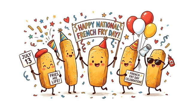Cartoon french fries celebrating national french fry day on white background with confetti