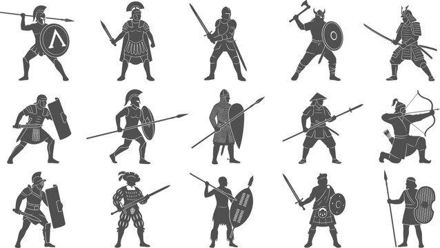 Set of fifteen historical warrior silhouettes in active combat poses on white