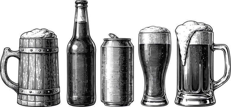 Vintage beer beverage collection, mug bottle can and glass engraving style vector illustration set
