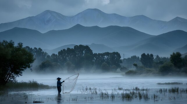 repairing wooden fishing traps beside a quiet lakeside village