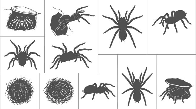 Tarantula spider silhouette set showing arachnids crawling and emerging from underground burrows