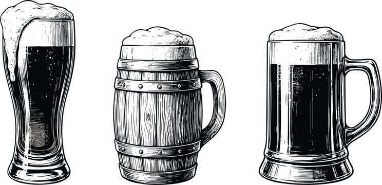 Vintage beer mug collection, frothy lager glass engraving style beverage vector illustration set design