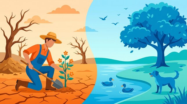 A split-screen illustration contrasting a dry, barren landscape where a farmer plants a flower with a lush, vibrant ecosystem featuring water and wildlife.