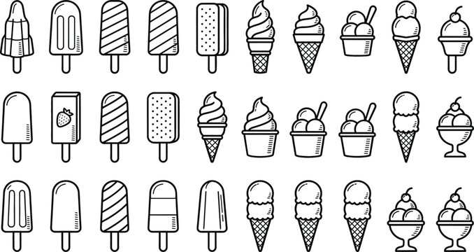 Ice Cream Bar Icons Set with Popsicle Cups and Scoops in Minimalist Black Outline Design for Menu Decoration