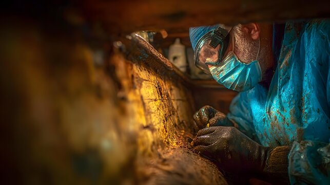 in blue protective gear repairing large ship engine components