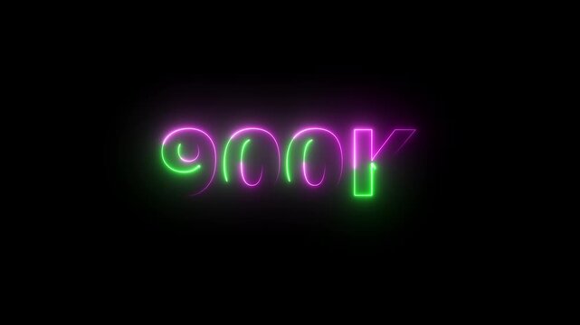 Glowing neon light 900k followers or subscribers celebration text animation on black background 4k Animation .