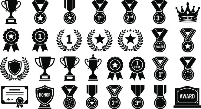 Vector Award Icon Set Featuring Rank Medals Trophy Cups Laurel Wreaths and Corporate Certificates