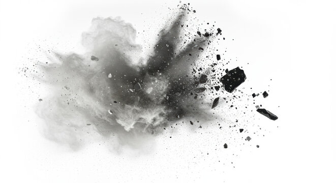 Ultrafine white dust cloud sharply contrasts with dark jagged stone fragments exploding outward in a high-speed studio shot on white, raw kinetic energy concept