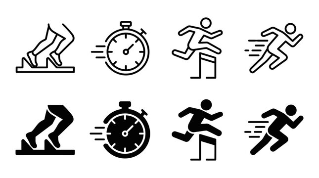 Running and athletics sprint vector icon set with stopwatches and hurdlers athletics stopwatch competition exercise