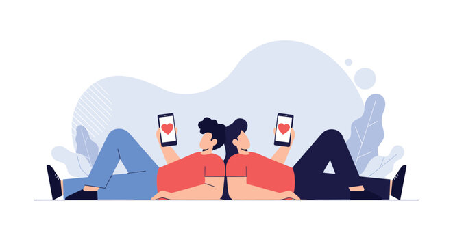 Couple lying back to back using mobile phones for online dating or social media communication in flat vector style.
