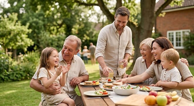  Happy Multi Generational Family Enjoying Outdoor Lunch in Garden on Summer Day.