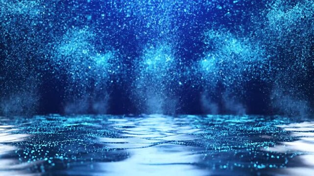 Bright blue light beams emerging from sparkling digital surface