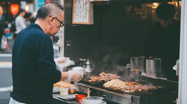 vendor preparing noodles at a steaming street food stall during lunchtime rush