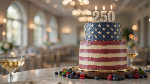 American flag cake with 250 candles and champagne for 250th anniversary celebration.