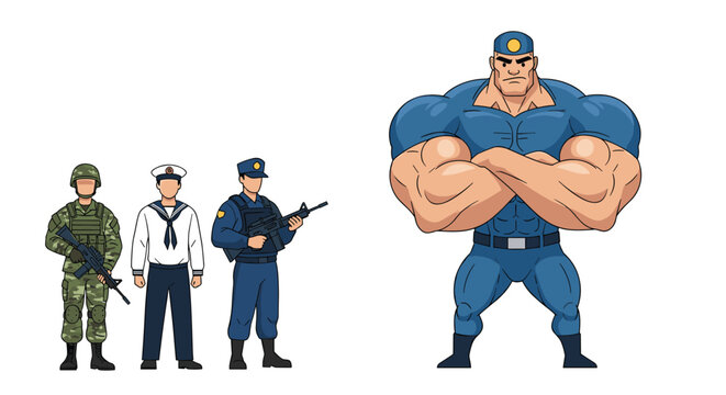 Comparison illustration showing regular soldiers in various uniforms standing next to a colossally large and muscular commander figure.