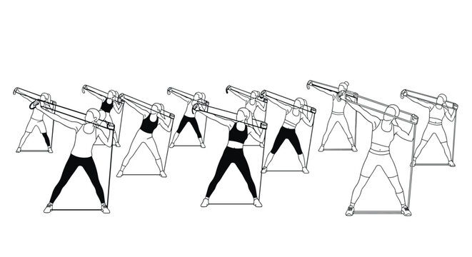 Large group of women performs lateral stretches using resistance bands during an outdoor group fitness and aerobic exercise class.