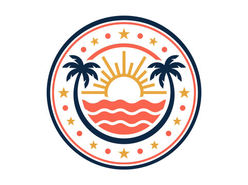 Retro Tropical Beach Logo Emblem with Palm Trees, Sun, and Ocean Waves