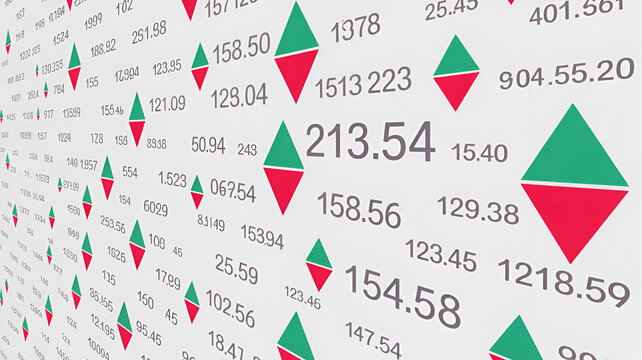 Financial stock market board with rising and falling green and red triangular indicators and numerical data on a light grey background