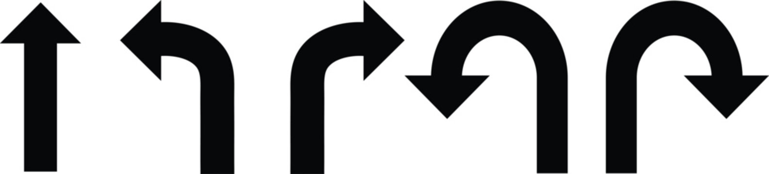 Black direction arrow icon set displays various road signs. Symbols represent straight, turn left, turn right, and turn around choices. Vector graphics are ideal for traffic navigation.