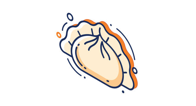 Stylized illustration of a single gyoza or dumpling with blue and orange accents isolated on a white background.