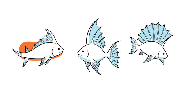 Three different stylized fish illustrations with prominent blue fins and tails for nautical or seafood designs.