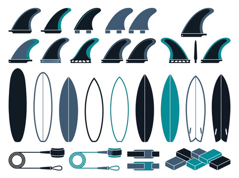 Flat vector surfboard and gear set featuring board shapes, fins, leashes, and wax in a minimalist blue palette.