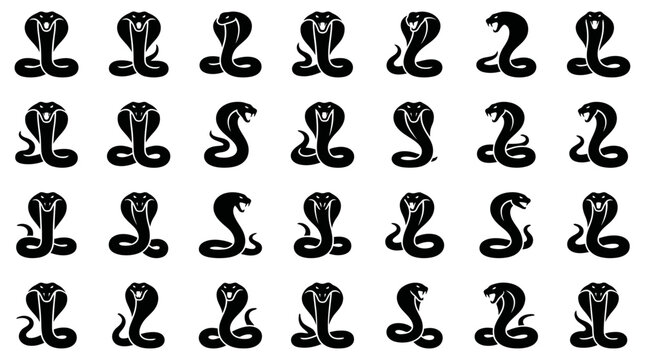 Collection of black cobra snake silhouette icons set featuring various posing postures and wild animal serpent shapes isolated on white background