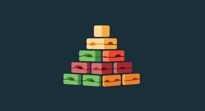 Colorful stack of delicious macaron cookies arranged in a pyramid shape on a dark blue background flat illustration.
