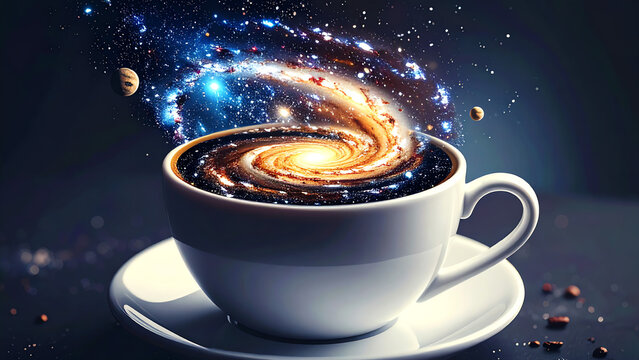 Surreal coffee cup containing a glowing miniature galaxy swirling with cosmic stardust and distant planets