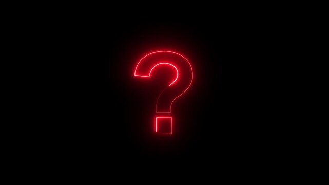 Neon glowing red question mark icon black background.