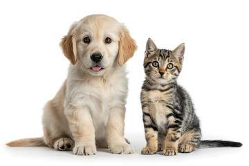 Fototapeta premium Adorable Golden Retriever Puppy and Gray Tabby Kitten Isolated on White Seamless Background