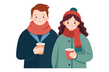 Fototapeta premium Winter Couple Coffee Cozy Romance Vector Illustration