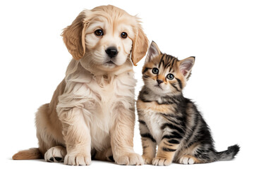 Fototapeta premium High Resolution Studio Photograph of Golden Retriever Puppy and Orange Tabby Kitten Together