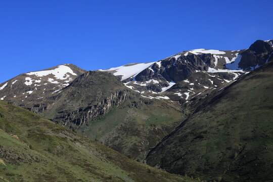 Mountain landscape in the Pyrenees at the watershed between Andorra and France 