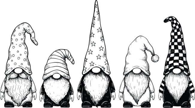 Christmas gnome character collection, festive holiday elf illustration with whimsical hats vector design set