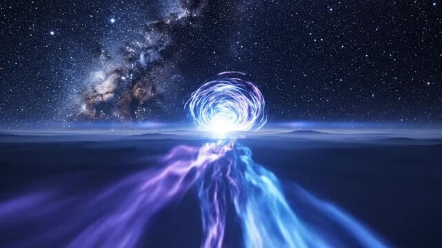Cosmic energy streams under a starry sky on a desolate planet
