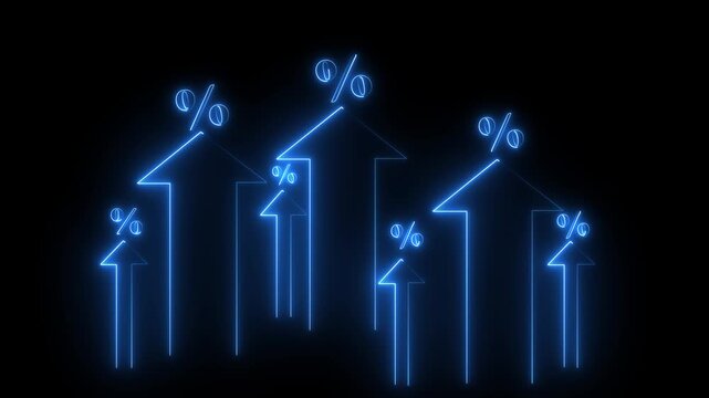 Interest rate increase concept. Businessman use a Neon arrow with percentage symbols and upward blue arrows, symbolizing rising interest rates. financial growth, dividend yield, black background.