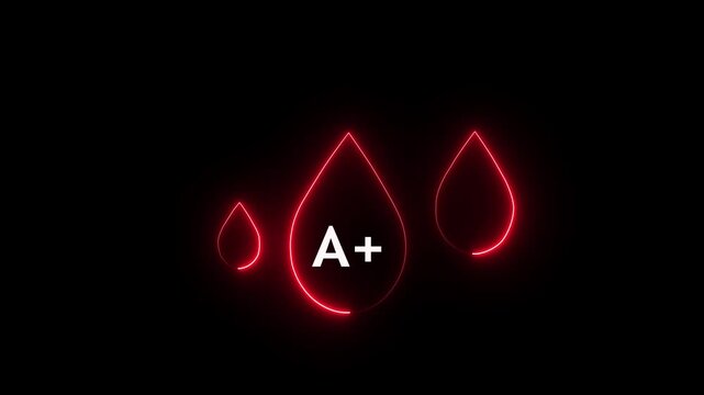 Neon A+ Blood Drop Symbol in Abstract Glowing Neon Light On Black Background 4K Animation.