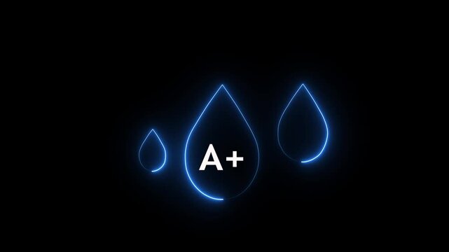 Neon A+ Blood Drop Symbol in Abstract Glowing Neon Light On Black Background 4K Animation.