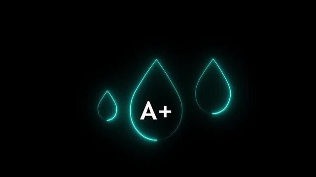 Neon A+ Blood Drop Symbol in Abstract Glowing Neon Light On Black Background 4K Animation.