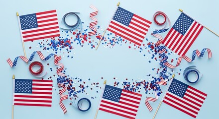 Obraz premium Patriotic american flags and decorations for 4th of july celebrations