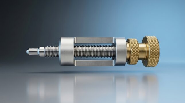Micro adjuster 3D render, precision tuning mechanism, industrial calibration device, fine adjustment screw system, mechanical alignment tool, CNC metrology hardware