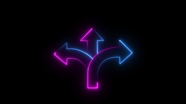 Three-way direction arrow sign animation. road direction, moving arrow three arrow direction animation. traffic way Three- Way Fork in the Road Arrow Symbol on Black Background Animation.